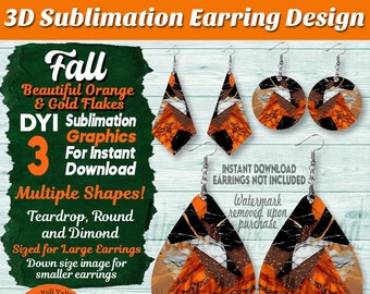 Earring Sublimation Design Bundle, Beautiful Orange and Gold Flakes Earrings, Teardrop Earring, Round Earring, Diamond Earring Design Bundle