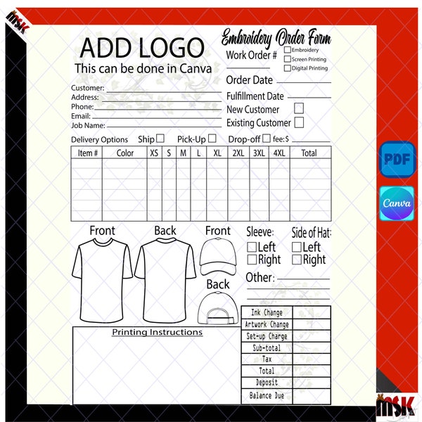 Add Your Own Logo, Embroidery Order Form, Printable, PDF