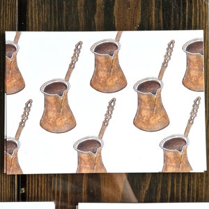 Cartão postal de cafeteira de cobre - Arte em aquarela A6, design tradicional 'Briki', ilustração de cozinha vintage, cartão comemorativo de 350 g/m², feito à mão