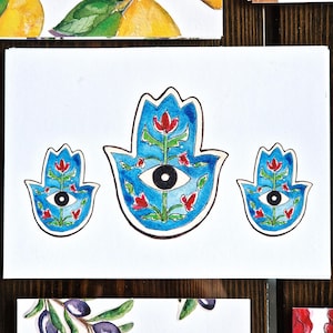 Cartolina con occhio malvagio e mano di Fatima - A6 Acquerello Boho Art, Illustrazione spirituale, Biglietto di auguri vibrante da 350 gsm, Design originale, Fatto a mano