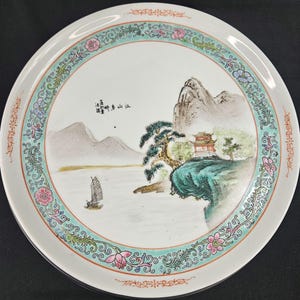 Vintage Chinese Zhongguo Zhi Serving Platter - Hand Painted Jingdezhen China - Pagota on Rocky Bluff, Jinxiu Mountains, Turquoise Floral Rim
