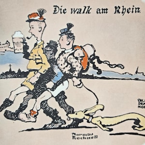 May include: A black and white cartoon illustration of two people walking with a dog. The people are wearing hats and carrying backpacks. The text "Die walk am Rhein." is written at the top of the image. The artist's signature "Norman Rockwell" is at the bottom of the image.