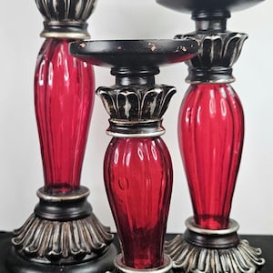 Vintage Red Blown Glass Candle Holders (Set 3) - Decorative Pedestals - Black Decorative base and top - Varying Heights - Made in China
