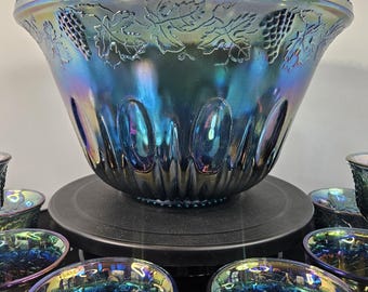 Carnival Glass - Vintage Iridescent Blue - Large Punch Bowl Set 10 Cups - Princess / Harvest Pattern - Indiana Glass Co