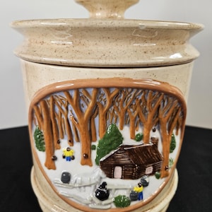 Vintage Hershey Ceramic Mold Lidded Cookie Jar / Canister - Handpainted - 3D Country Homestead Scene - Knob Handle - 1970s - Made in USA