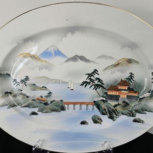 Vintage Japanese Hand Painted Kutani Serving Platter - Hakusan China - Mount Fuji, Village, Lake, Bridge, River - Gold Guilt - Made in Japan