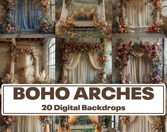 Boho Floral Arch Digital Backdrop Bundle (20 PNG)
