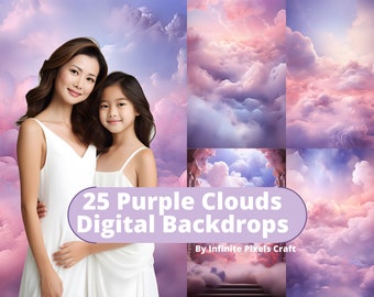 PURPLE CLOUDS BACKDROPS, 25 Pink Sky Overlays, Fine Art Textures, Maternity Photoshoot, Newborn Photography, Cute Candy Backdrops Bundle