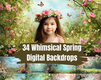 34 Fondali primaverili stravaganti, pacchetto di sfondi digitali, servizio fotografico per bambini, fotografia per bambini, sovrapposizione di Photoshop, pacchetto di fondali floreali