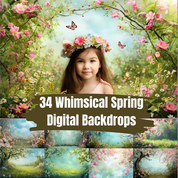 34 WHIMSICAL SPRING BACKDROPS, Digital Backgrounds Bundle, Kids Photoshoot, Children Photography, Photoshop Overlay, Floral Backdrops Bundle