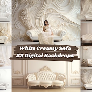 Peut inclure: Un collage de 23 fonds d'écran numériques mettant en scène un canapé blanc orné sur fond blanc et crème. Le texte "White Creamy Sofa 23 Digital Backdrops" est affiché en brun.