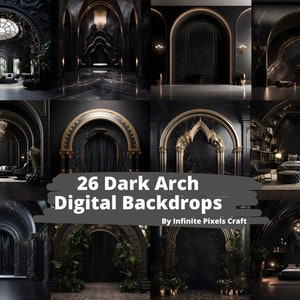26 fondos digitales DARK LUXURY ARCH, fondo de maternidad, fotografía de boda, telón de fondo de arco negro, bellas artes florales, texturas de Photoshop