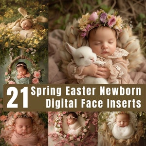 Puede incluir: Una colección de 21 inserciones digitales de rostro para fotos de recién nacidos con temas de primavera y Pascua. Las imágenes incluyen bebés durmiendo en coronas de flores, cestas y con un conejito blanco.