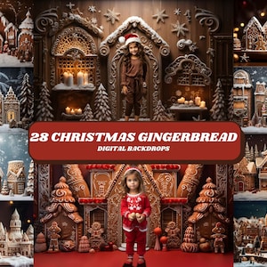 CHRISTMAS GINGERBREAD HOUSE Fondos digitales, 28 fondos de fotografía para niños, superposición de Photoshop, sesión de fotos familiar, foto de temporada navideña
