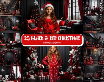 CHRISTMAS DIGITAL BACKDROPS, 25 Vintage Black & Red Christmas Backgrounds, Holiday Photoshoot, Kids Christmas Photography, Photoshop Overlay
