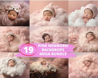 PINK CLOUDY NEWBORN Bundle, 19 Digital Backdrops, Face Insert Newborn, Baby Shower Backgrounds, Kids Photography, Studio Photoshoot, Jpg Png