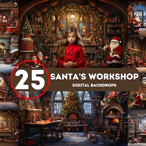 Pode incluir: Uma coleção de 25 cenários digitais que apresentam uma oficina de Papai Noel de fantasia com um esquema de cores vermelho e branco. Os cenários incluem uma variedade de cenas, como a oficina do Papai Noel, uma lareira e uma árvore de Natal.