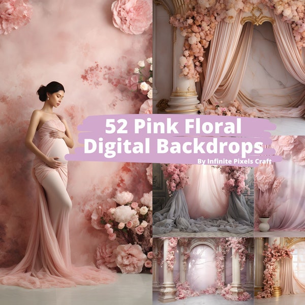 52 Pink Floral Digital Backdrops, Maternity Background, Photoshop Overlay
