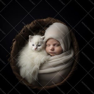 新生児デジタル背景、新生児猫バスケット、ベビーシャワー背景、新生児フォログラフィー、デジタルオーバーレイ、Photoshop ファインアート背景、Png