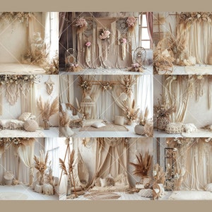 K&ouml;nnte beinhalten: Eine Sammlung von 10 verschiedenen Boho-Fotohintergr&uuml;nden. Jeder Hintergrund hat eine neutrale Farbpalette mit Wei&szlig;-, Creme- und Beiget&ouml;nen. Die Hintergr&uuml;nde sind mit Makramee, Trockenblumen und Pampasgras dekoriert.