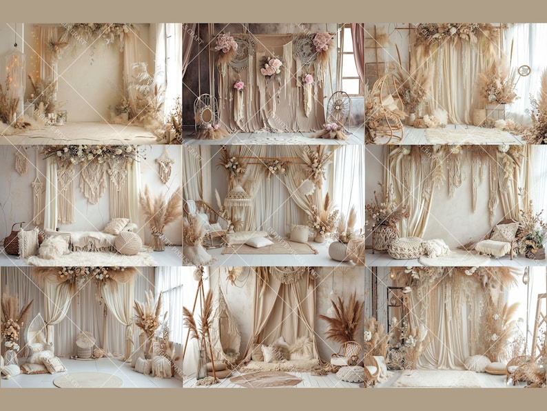 K&ouml;nnte beinhalten: Eine Sammlung von 10 verschiedenen Boho-Fotohintergr&uuml;nden. Jeder Hintergrund hat eine neutrale Farbpalette mit Wei&szlig;-, Creme- und Beiget&ouml;nen. Die Hintergr&uuml;nde sind mit Makramee, Trockenblumen und Pampasgras dekoriert.
