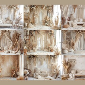 K&ouml;nnte beinhalten: Eine Foto-Kulisse im Boho-Stil mit wei&szlig;em Hintergrund, wei&szlig;en Vorh&auml;ngen und einer Vielzahl von Trockenblumen und Pampasgras. Die Kulisse verf&uuml;gt &uuml;ber ein wei&szlig;es Sofa, einen Korbstuhl und eine Vielzahl weiterer dekorativer Elemente.