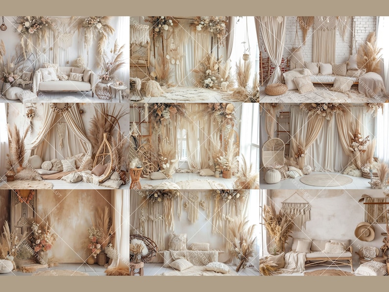 K&ouml;nnte beinhalten: Eine Foto-Kulisse im Boho-Stil mit wei&szlig;em Hintergrund, wei&szlig;en Vorh&auml;ngen und einer Vielzahl von Trockenblumen und Pampasgras. Die Kulisse verf&uuml;gt &uuml;ber ein wei&szlig;es Sofa, einen Korbstuhl und eine Vielzahl weiterer dekorativer Elemente.