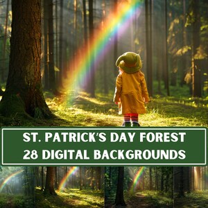 May include: A digital background pack featuring 28 images of a forest with a rainbow. The images are perfect for creating St. Patrick's Day themed designs.