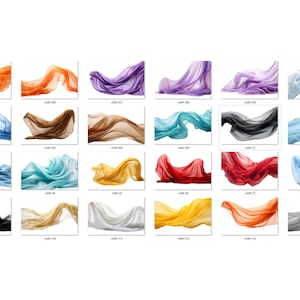 May include: A collection of 16 flowing fabric swatches in various colors, including orange, blue, brown, yellow, red, and gray. The fabric is draped and flowing in a dynamic, artistic way.