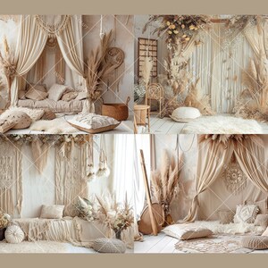 K&ouml;nnte beinhalten: Vier verschiedene Fotohintergr&uuml;nde im Boho-Stil mit einer neutralen Farbpalette. Jeder Hintergrund bietet eine Vielzahl von Texturen, darunter Makramee, Kunstfell und getrocknetes Pampasgras. Die Hintergr&uuml;nde sind perfekt, um eine gem&uuml;tliche und einladende Atmosph&auml;re f&uuml;r Fotoshootings zu schaffen.