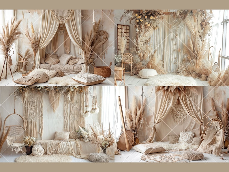 K&ouml;nnte beinhalten: Vier verschiedene Fotohintergr&uuml;nde im Boho-Stil mit einer neutralen Farbpalette. Jeder Hintergrund bietet eine Vielzahl von Texturen, darunter Makramee, Kunstfell und getrocknetes Pampasgras. Die Hintergr&uuml;nde sind perfekt, um eine gem&uuml;tliche und einladende Atmosph&auml;re f&uuml;r Fotoshootings zu schaffen.