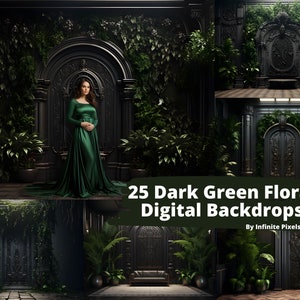 25 Dark Green Floral Digital Backdrops, Maternity Background, Photoshop Overlay