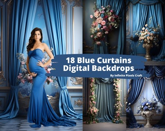 18 Blue Curtains Digital Backdrops, Maternity Background, Photoshop Overlay