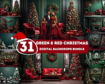 GREEN CHRISTMAS BACKDROPS, 31 Green And Red Digital Backgrounds, Family Photoshoot, Kids Photography, Christmas Studio Photo, Photoshop, Png
