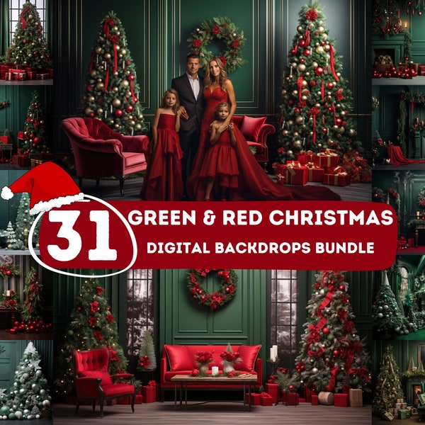GREEN CHRISTMAS BACKDROPS, 31 Green And Red Digital Backgrounds, Family Photoshoot, Kids Photography, Christmas Studio Photo, Photoshop, Png