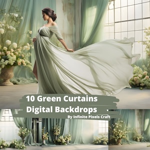 May include: A set of 10 digital backdrops featuring green curtains and floral arrangements. The backdrops are perfect for photographers and videographers looking to create a romantic and elegant atmosphere for their shoots.  10 Green Curtains Digital Backdrops - By Infinite Pixels Craft