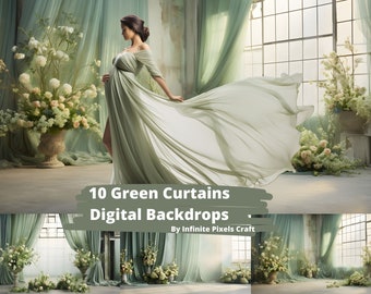 Green Floral Drapes Digital Backdrop, Maternity Photography (JPG)