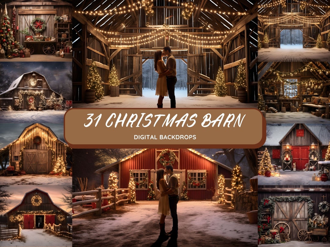 CHRISTMAS LIGHTS BARN Digital Backdrops, 31 Rustic Backgrounds, Studio