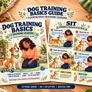 Könnte beinhalten: Ein Hundetrainingsleitfaden mit zwei Seiten mit den Titeln Dog Training Basics und Sit. Die Seiten enthalten Illustrationen einer Person, die einen Hund trainiert, Schritt-für-Schritt-Anleitungen und Text, der Lektionen wie Name and Attention, Touch, Sit, Down, Stay and Release, Come und Go to Your Mat auflistet. Der Leitfaden ist ein 12-seitiges A4- und US-Letter-Digital-PDF.