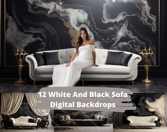 Décors numériques de canapé noir et blanc, 12 arrière-plans de chambre de maternité en marbre, séance photo en studio, superposition de photographies, téléchargement immédiat au format png