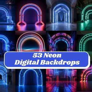 May include: A collection of 53 digital backdrops featuring neon arches and geometric shapes in various colors, including blue, pink, green, and yellow. The backdrops are perfect for creating unique and eye-catching backgrounds for photos and videos.