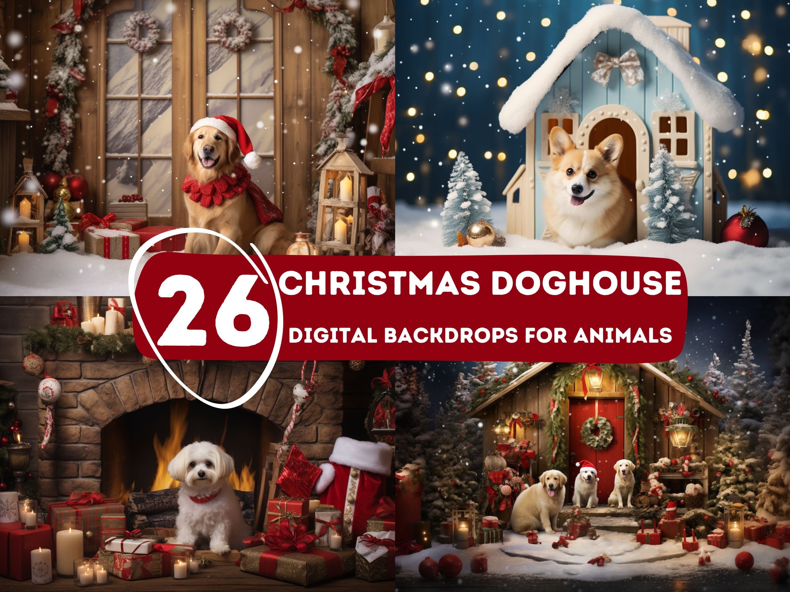 CHRISTMAS PUPPY BACKDROPS, 26 Doghouse Holiday Backgrounds, Winter Season, Photoshop Overlay, Animal Photography, Studio Photoshoot, Png