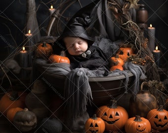 NEWBORN HALLOWEEN Digital Backdrop, Face Insert, Pumpkin Halloween Background, Witch&#39;s hat Baby Photoshoot, Kids Photography, PNG Download