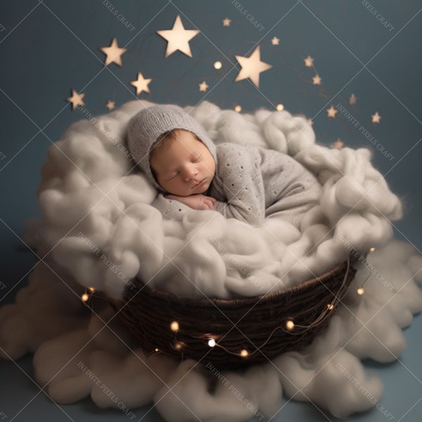 NEWBORN STAR LIGHTS Digital Backdrop, Gray Blanket Pillow Background, Tiwnkle Stars Baby Shower Backdrop, Newborn Photography, Jpg Download