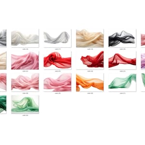 May include: A collection of 12 different colored sheer fabrics arranged in rows. The fabrics are all draped and flowing, creating a sense of movement and lightness.
