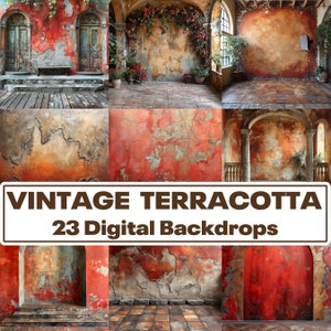 May include: A set of 23 digital backdrops featuring vintage terracotta walls with distressed paint and peeling plaster. The backdrops are perfect for photographers and crafters looking to add a rustic and authentic touch to their projects.