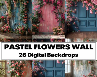 Pastel Floral Wall Digital Backdrops, Photography Textures (26 PNG)