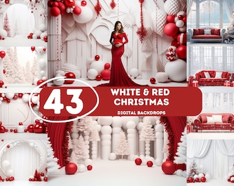 43 WHITE CHRISTMAS DIGITAL Backdrops, Christmas Eve Backgrounds, Holiday Photography, White And Red Christmas, Family Photoshoot, Download