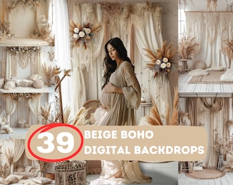 Beige Boho Mutterschaft Kulissen, Blumen Hochzeit Overlays (Digital PNG)