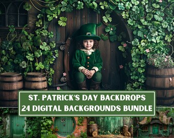 St. Patrick's Day Digital Backdrops, Leprechaun Hut, Clover Photography (PDF)